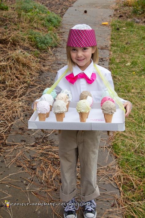 This costume was a GIANT hit! It was easy, cheap, unique and super fun to make. I used real ice cream cones with a coat of white glue inside to strengthen Dippin Dots Costume, Ice Cream Costume Kids, Ice Cream Party Bar, Ice Cream Cone Costume, Ice Cream Costume, Halloween Costumes Kids Homemade, Ice Cream Party Invitations, Pink Wrapping Paper, Halloween Outfit Ideas