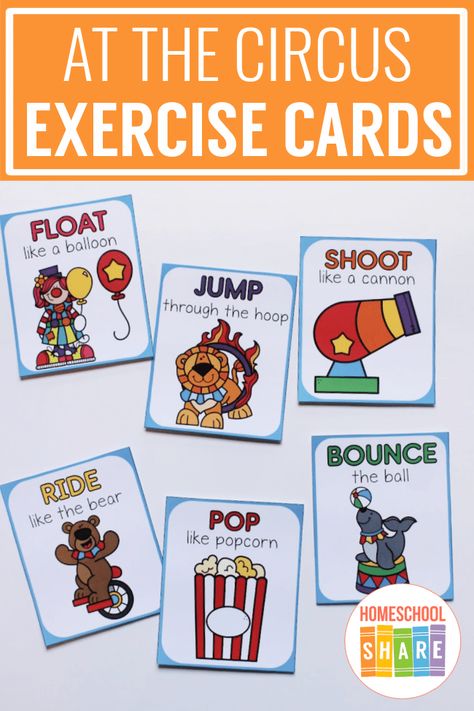 Circus Exercise Cards - Homeschool Share Circus Language Activities Preschool, Carnival Language Activities, Circus Theme Lesson Plan Preschool, Circus Theme Classroom Activities, Circus Theme Activities For Toddlers, Circus Theme Preschool Activities Free Printables, Circus Literacy Activities Preschool, Circus Prek Activities, Circus Classroom Activities