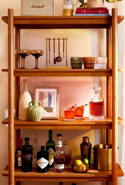 Bookcase Bars Are Replacing Bar Carts Bookshelf Bar, Cabin Build, Home Bar Setup, Bookcase Bar, Wood Bar Cart, Airbnb Ideas, Bar Shelves, Decorating Advice, Bar Set Up