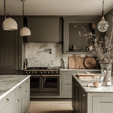 Dark Cabinet Color Schemes, Dark Taupe Kitchen Cabinets, Kitchens Designs, Dark Grey Kitchen Cabinets, Taupe Kitchen, Dark Brown Cabinets, Wooden Countertops, Dark Wood Kitchens, Dark Grey Kitchen