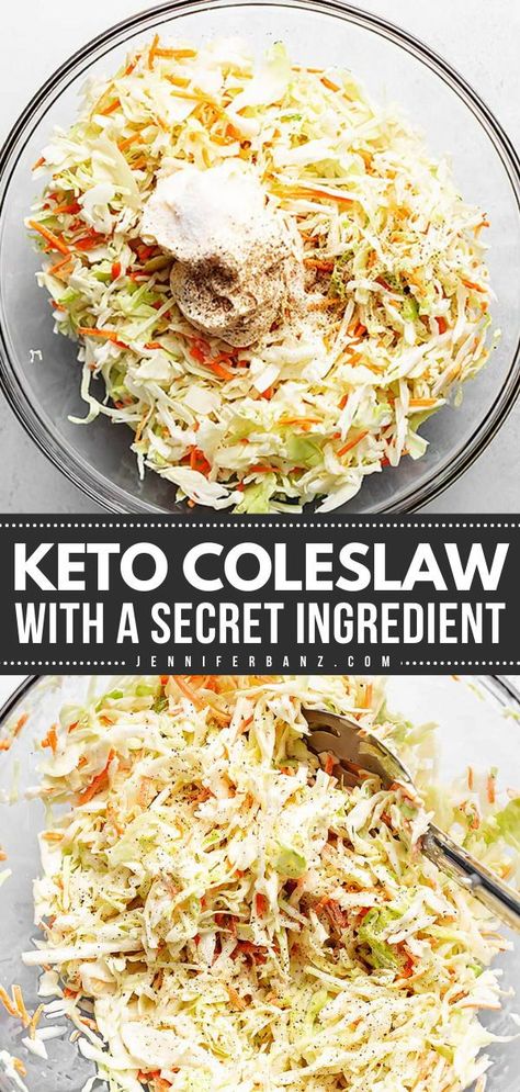 Always a must-have side dish for BBQs! It's also a great salad recipe for dinner. Thanks to the perfect dressing, this easy keto coleslaw with a secret ingredient is sure to be a hit. This low-carb coleslaw is also gluten-free! Keto Coleslaw Recipe, Simple Coleslaw, Keto Coleslaw, Low Carb Coleslaw, Burger Side Dishes, Cookout Side Dishes, Coleslaw Dressing, Summer Cookout, Low Carb Recipe