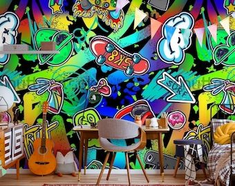 Paper Graffiti, Graffiti Bedroom, Bedroom Wall Mural, Music Graffiti, Kindergarten Wallpaper, Custom Photo Wallpaper, Wallpaper Nursery, Love Graffiti, Colorful Graffiti