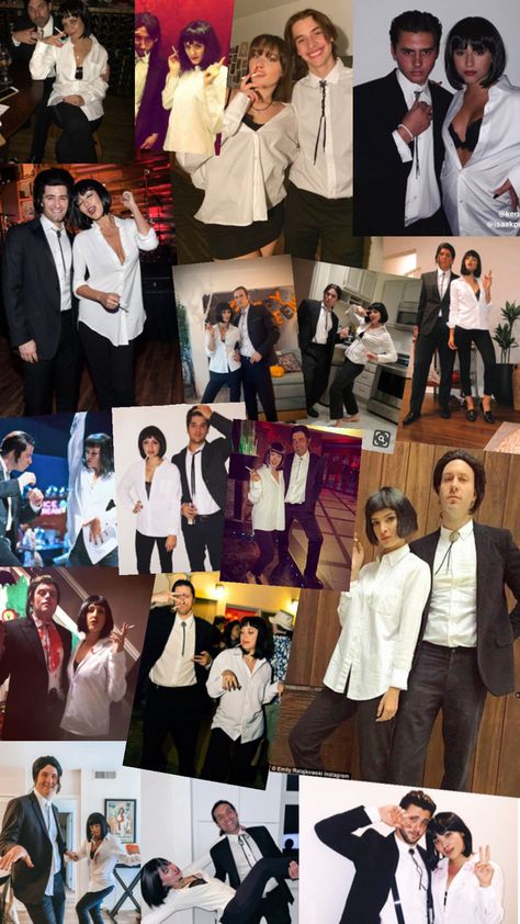 A collage of couples dressed as Pulp Fiction characters Mia Wallace and Vincent Vega, featuring classic black suits, white shirts, black bob wigs, and signature accessories, recreating the movie’s iconic style Pulp Fiction Halloween Costume Couple, Mia Wallace And Vincent Vega Costume, Black Bob Halloween Costumes, The Notebook Halloween Costume, Pulp Fiction Couple Costume, Pulp Fiction Mia Wallace Costume, Pulp Fiction Outfit, Vincent Vega Costume, Tarantino Costumes