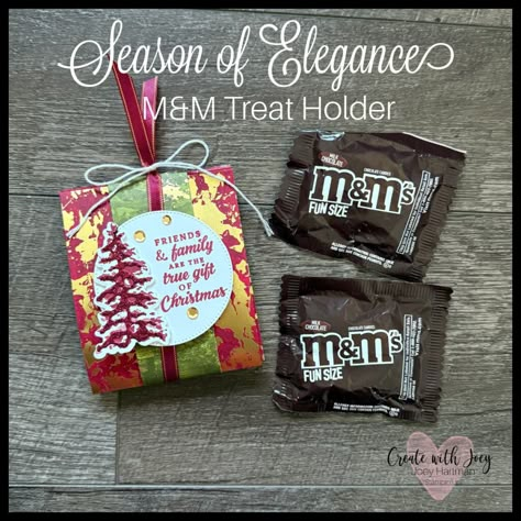 Stampin’ Up! Peaceful Season M&M Treat Holder Stampin Up 3d Projects Treat Holder, Stampin Up Christmas Treat Holders, Candy Favors Ideas, Cute Candy Gifts, Christmas Class Treats, Stampin Up Treat Holders, Candy Bar Covers, Candy Gift Ideas, Class Treats