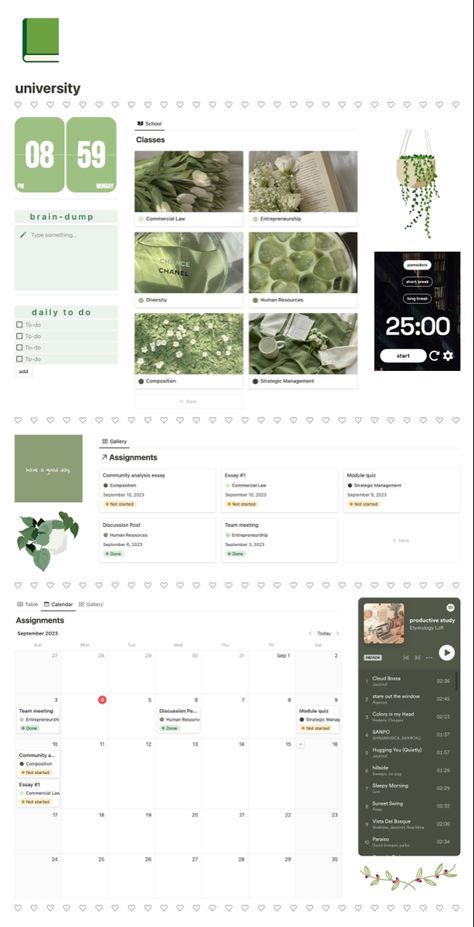 Notion study page green aesthetic, study timer, spotify playlist, linked assignment calendar Notion Main Page Ideas, Study Page Notion, Notion Study Page, Notion Images Green, Notion Calendar Aesthetic, Study Hub Notion, Notion Green Aesthetic, Notion Spotify, Green Study Aesthetic