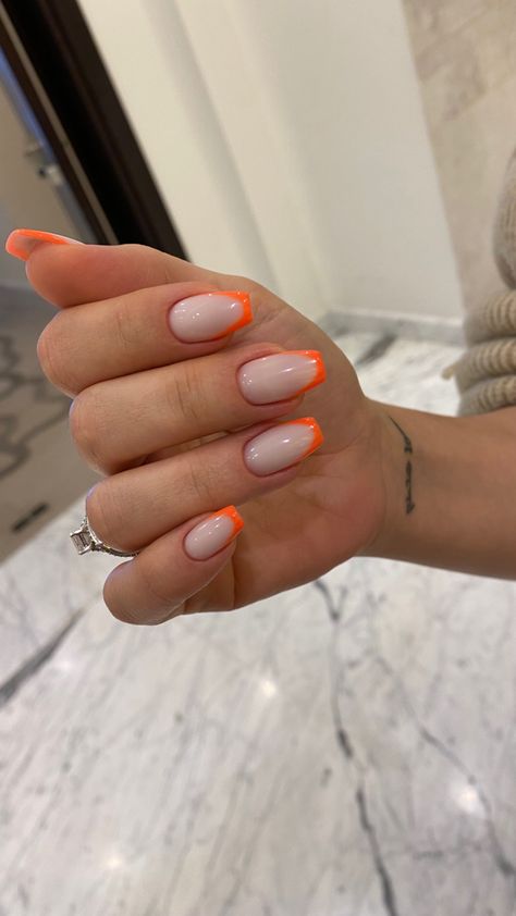 Orange tip on ballerina shaped nails - nude base - nude nails - french manicure Halo French Tip Nails, French With Orange Tip, Coffin Orange French Tip Nails, Orange Nail Tips French Manicures, Orange Nail French, Ballerina Nails Orange, Nude And Orange Nail Designs, Orange Ballerina Nails, Peach Fuzz Nail Color