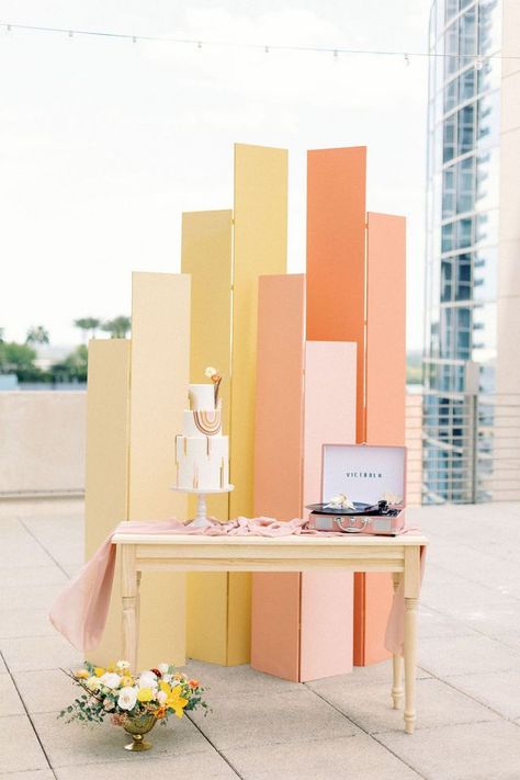 Sunset-inspired rooftop micro wedding | 100 Layer Cake | Bloglovin’ Event Backdrop, 100 Layer Cake, Backdrop Design, Micro Wedding, Stage Design, Event Styling, Photo Backdrop, Party Inspiration, Backdrops For Parties