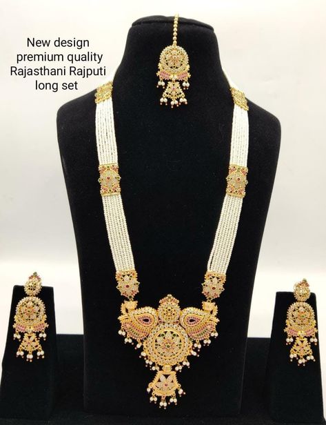 Rs 3300net+$ Rani haar with setting stone Rajasthani ramnavmi set🧿🕉️🕉️ Rani Haar Gold, Rajputi Jewellery, Rani Haar, Pearl Necklace Designs, Artificial Jewellery, Wedding Jewellery Collection, Gold Long Necklace, Golden Jewelry, Pearl Design