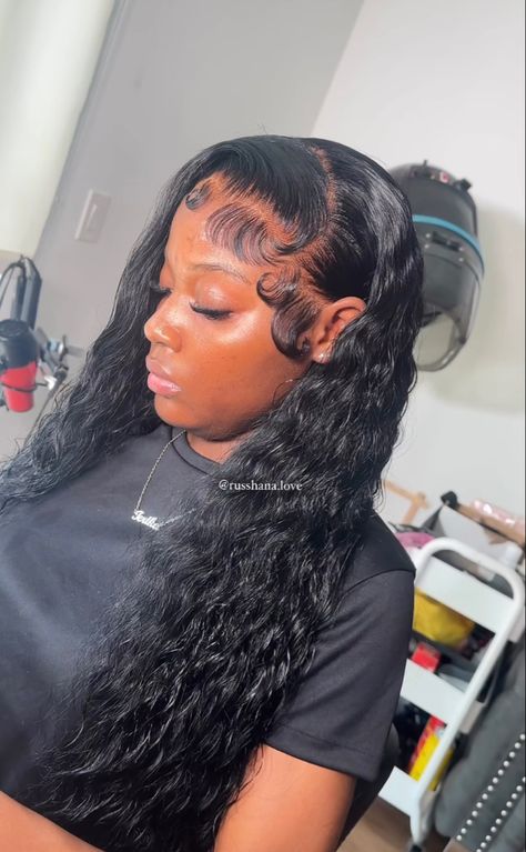 Dramatic Wig Edges, Half Up Half Down Lace Front Wig Crimped, Side Part Deep Wave Wig Dramatic Edges, No Part Deep Wave Wig, Dramatic Lace Front Edges, August Hairstyles, Side Part Deep Wave Wig With Braid, Dramatic Baby Hairs Frontal, Hair To Look Younger