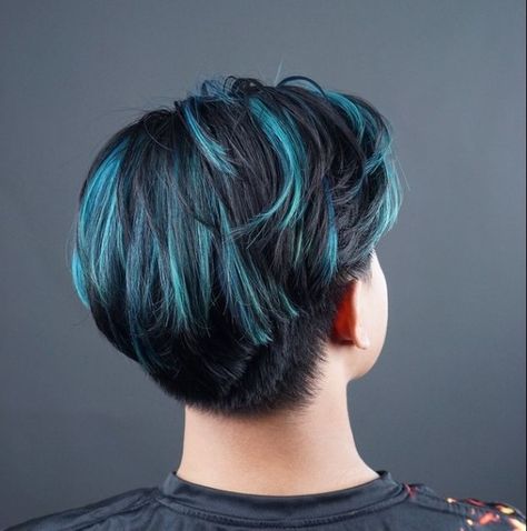 Color Short Hair Men, Asian Men Hair Dye Ideas, Dyed Hairstyles For Men, Hair Color Ideas For Short Hair Men, Hair Color Ideas Man, Under Dye Short Hair, Black And Blue Hair Men, Blue Black Hair Men, Short Blue Hair Men