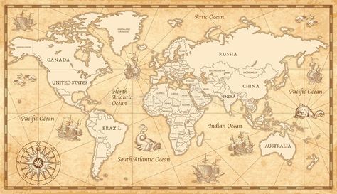 Old Vintage World Map vector illustration World Map With Countries, Map Projects, Antique World Map, World Map Wallpaper, Map Wallpaper, Old World Maps, Design Illustrations, Illustrated Map, Old Map