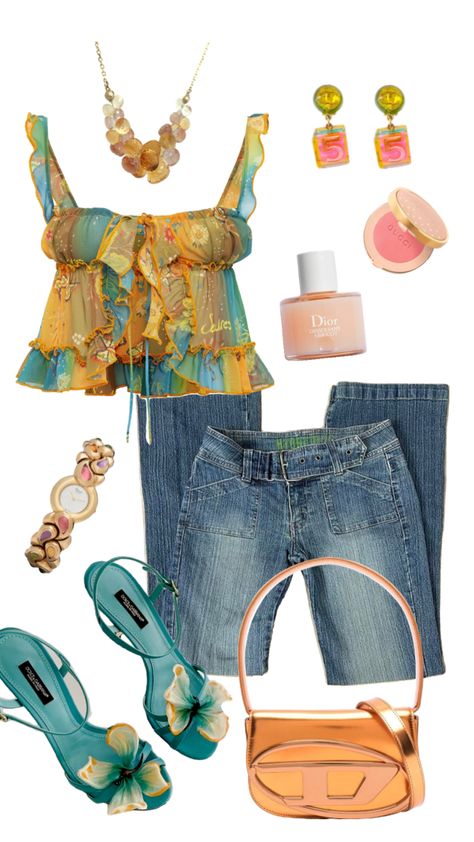 Outfits To Wear In Brazil, Tropicore Outfits, Funky Outfits Summer, Vintage Vacation Outfits, Canadian Summer Outfits, Vacation Fits Aesthetic, Colorful Going Out Outfit, Tropical Outfits Aesthetic, Miss Match Outfits