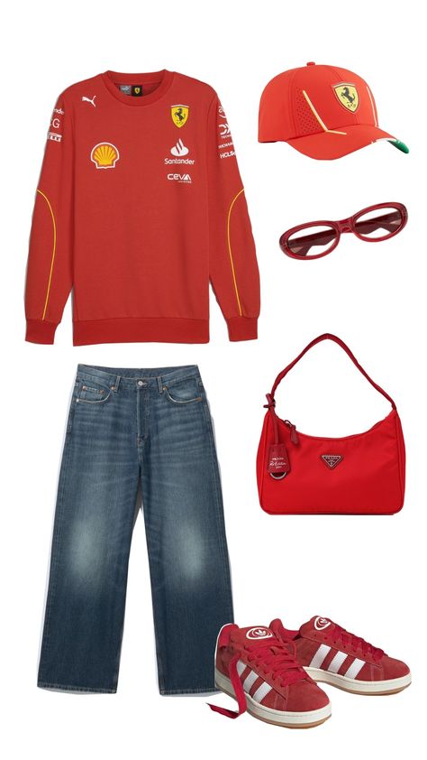 race day outfit ideas #outfitinspo #f1 #ferrari #charlesleclerc #carlossainz #ferrarigirl Nascar Race Outfit, Formula 1 Outfit Women Ferrari, Race Outfit, Race Day Outfits, Day Outfit Ideas, F1 Ferrari, Outfit For Women, Daytona 500, Carnival Costumes