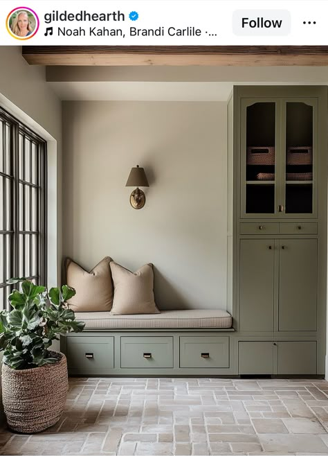 Entryway Closet And Bench, Built In Cabinet Mudroom, Cottage Core Mudroom, Earthy Mudroom, Arch Mudroom, Terracotta Mudroom, Small Mudroom Built In, Mediterranean Mud Room, Porch Mudroom Ideas