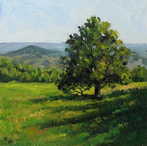 Oak Tree Painting, Landscape Oil Paintings Trees, Mountains Background, Oil Painting Trees, Background Artwork, Painting Mountains, Grass Painting, Oil Landscape, Oil Pastel Paintings