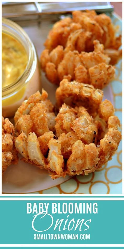 Baby Blooming Onions | Blooming Onions | Appetizer | Football Food | Fried Onions | Mini Blooming Onions | Party Food | Sweet Onion Recipe | Small Town Woman #blooming onions #appetizer #smalltownwoman via @bethpierce0151 Mini Blooming Onions, Sweet Onion Recipe, Onion Appetizers, Blooming Onions, Blooming Onion Recipes, Blooming Onion, Deep Fryer, Onion Recipes, Corn Dogs