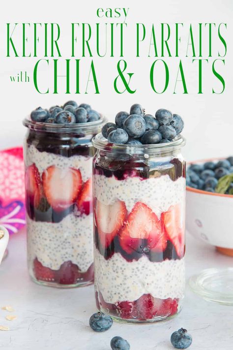 Chia Oats Fruit Parfaits are a make-ahead breakfast recipe that is easily customizable. It's a filling, kefir-based breakfast that's great for meal planning. #chiaseeds #overnightoats #fruit #fruitparfaits #easybreakfast #breakfast #makeahead #mealplanning #berries #kefir #yogurt #chiapudding via @ediblesense Fruit Parfaits, Chia Oats, Kefir Yogurt, Cookie Recipes Chewy, Berry Parfait, Kefir Recipes, Fruit Parfait, Berry Breakfast, Drink Inspiration