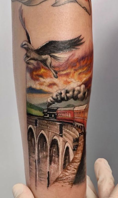 Hogwarts Express Tattoo, Hufflepuff Tattoo, Harry Potter Tattoo Sleeve, Harry Potter Train, Bridge Tattoo, Potter Tattoo, Harry Potter Tattoos, Harry Potter Tattoo, Weasley Twins