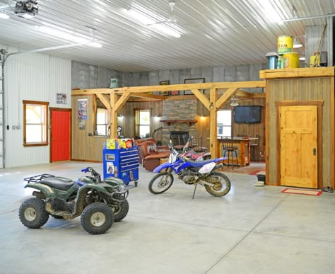 23 Can’t-Miss Man Cave Ideas for Your Pole Barn - Wick Buildings Man Cave Pole Barn, Pole Barn Interior Ideas, Barn Interior Ideas, Pole Building Garage, Pole Barn Shop, Diy Pole Barn, Pole Barn Ideas, Pole Barn Construction, Carport Modern