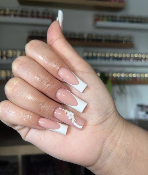 Baptism Nails Ideas, White French Tip Acrylic Nails, White French Tip Acrylic, Prom Nails Acrylic Classy, Classy Spring Nails, Easter Nails Acrylic, Prom Nails Acrylic, Baptism Cake Girl, Spring Nails 2022