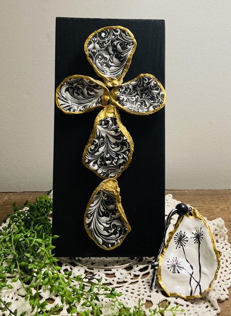 New Cross , basic black and white.... - The Oyster Chest Oyster Cross, Shell Projects, Shell Cross, Oyster Shell Crafts, Cross Crafts, Rainy Day Activities, Oyster Shells, Shell Crafts, Oyster Shell