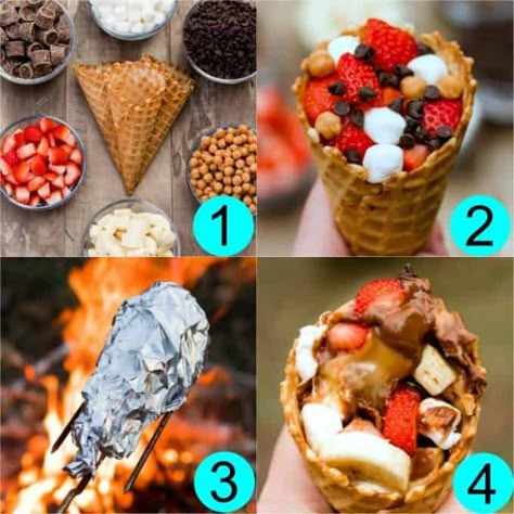 How to make Campfire Cones. Fill with ingredients, wrap in foil and grill Campfire Cones, Camping Meal Planning, Campfire Desserts, Grilled Desserts, Camping Desserts, Camping Foods, Campfire Recipes, Easy Camping Meals, Camp Food