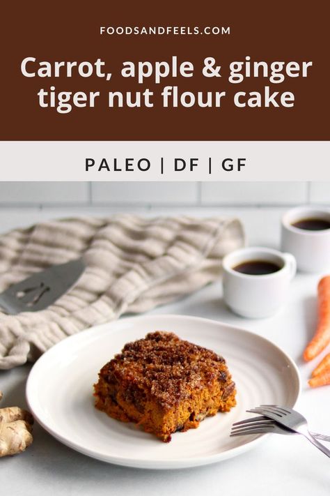 picture of Carrot, Apple & Ginger Tiger Nut Flour Cake on white plate with carrots and ginger sitting in the foreground Tiger Nut, Nut Bread, Root Vegetables, Bread Flour, Cake Flour, Nutrient Dense, Dairy Free Recipes, Food Store, Paleo Recipes