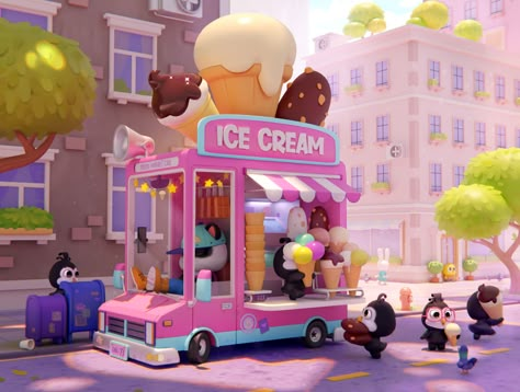 ArtStation - Ice cream car, DENIS WIPART Denis Wipart, Ice Cream Car, Cream Car, Ice Car, Ice Cream Van, Isometric Art, Game Concept Art, Ice Cream Truck, 3d Artwork