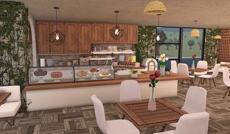 Bloxburg Cafe Table Ideas, Bloxburg Buffet Ideas, Bloxburg Cafe Seating Ideas, Boo Burg Cafe Ideas, Bloxburg Small Restaurant Layout, Bloxburg Restaurant Layout 2 Story, Blocksburg Restaurant Ideas, Blocksburg Cafe Ideas, Bloxburg Coffee Shop Ideas Interior