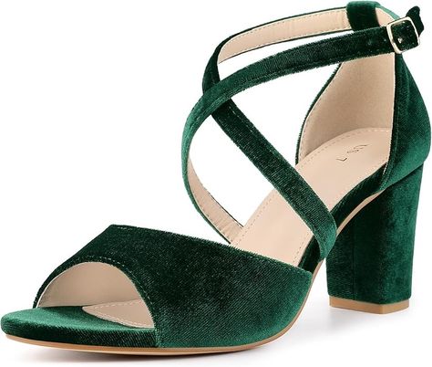 Perphy Crisscross Strap Faux Velvet Open Toe Block Heel Sandals for Women: Amazon.co.uk: Fashion Dark Green Light Pink, Shoes For Party, Velvet Block Heels, Long Engagement, Green Themed Wedding, Elegant Sandals, Wedding 2024, Heel Design, Size 11 Heels