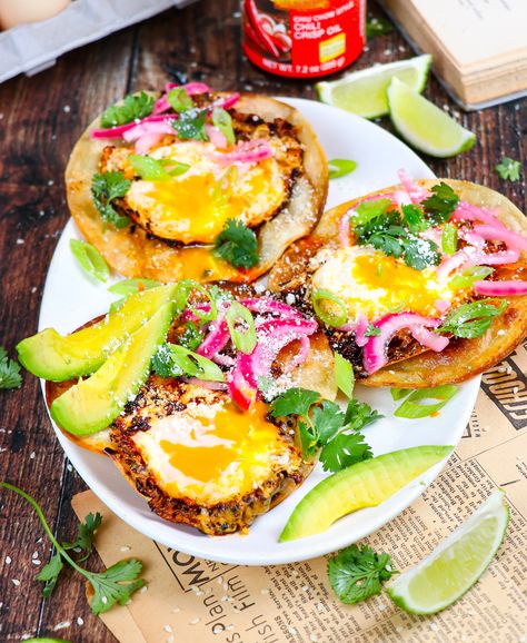 Breakfast Tostada Recipes, Chili Eggs Breakfast, Red Chile Tostadas With Eggs, Mexican Breakfast Tostada, Breakfast Chili, Red Chili Tostadas With Eggs, Egg Tostada, Egg Enchiladas, Skinnytaste Breakfast