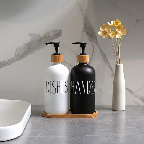 Hands and dishes – with the Hands Soap and Dishes soap label, you will never be confused or asked what soap is yours. The label is not only suitable for distinguishing glass soap dispensers with pump, but also looks elegant. Bathroom Decor Black And White, Farmhouse Soap Dispenser, Bathroom Decor Black, Soap Dispenser Bathroom, Elegant Bathroom Decor, White Bathroom Decor, Glass Soap Dispenser, Detergent Dispenser, Decor Black And White