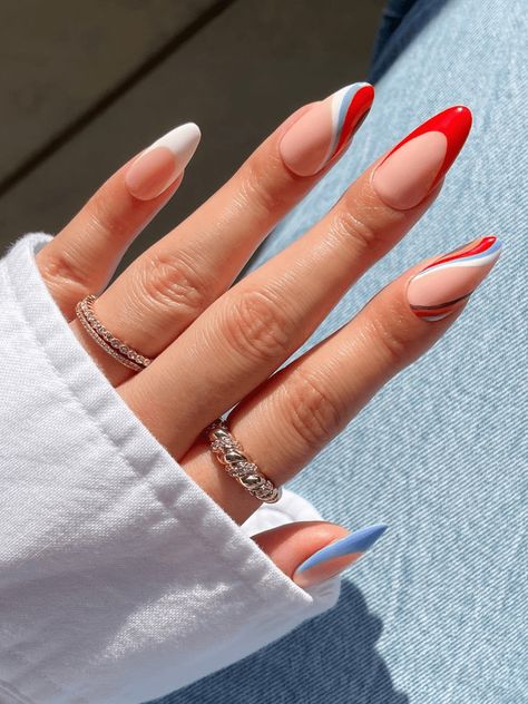 25 Fourth of July Nail Ideas That Are Actually Chic Almond Nails Autumn, Nail Tip Designs, Fourth Of July Nails, Nails Autumn, Medium Nails, 4th Of July Nails, Cute Nail Ideas, French Nail Designs, Work Nails