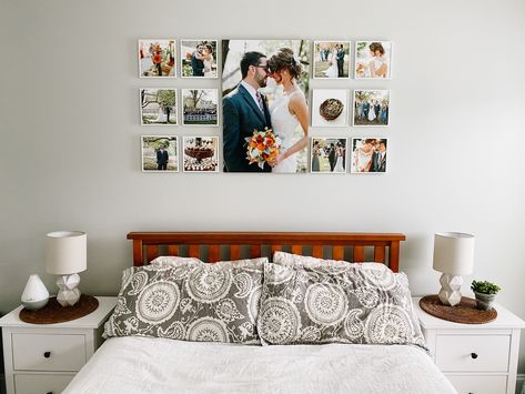 “After six years of being married and having the one large print only in the centre, I finally got more printed for our bedroom using @mixtiles! Love them and highly recommend! 😍”  Pic via IG: cagphotography Bedroom Decor Couple Photos, Couple Photos In Bedroom Wall Ideas, Couple Photo Frames On The Wall Bedroom, Bedroom Wall Decor Above Bed For Couples, Couple Picture Wall Ideas, Married Couple Bedroom Decor Ideas, Photo Frames On The Wall Bedroom Beds, Wedding Picture Wall Ideas Living Rooms, Couple Bedroom Picture Ideas