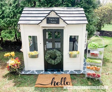 Take a look at our top playhouse makeovers and get inspired! From the small and simple to raised playhouses with swings and slides! Image credit to Decor Home Ideas Plastic Playhouse Makeover, Little Tikes Playhouse Makeover, Farmhouse Playhouse, Diy Playhouse Makeover, Playhouse Diy, Playhouse Makeover, Outdoor Farmhouse, Cute Farmhouse, Farmhouse Decor On A Budget