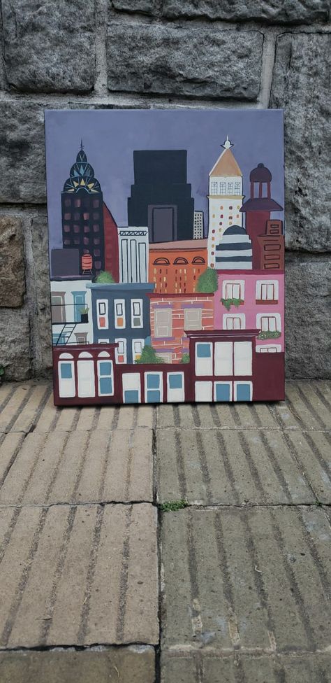 New York city painting. A creativity inspired in a Pinterest Pin City Skyline Painting Acrylic, Travel Canvas Painting Ideas, Building Canvas Painting, How To Paint A City Skyline Easy Diy, New York Skyline Painting Easy, Painting Ideas Cityscape, New York Canvas Painting, Nyc Canvas Painting, Easy Nyc Painting