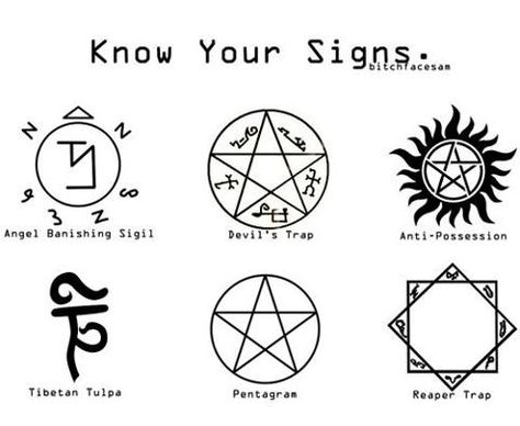 Hmm don't think I'm quite obsessed with Supernatural enough to get a tattoo but these would make a few good ones Supernatural Signs, Supernatural Memes, Supernatural Fans, Supernatural Funny, Odaiba, The Supernatural, Jrr Tolkien, Supernatural Fandom, Misha Collins