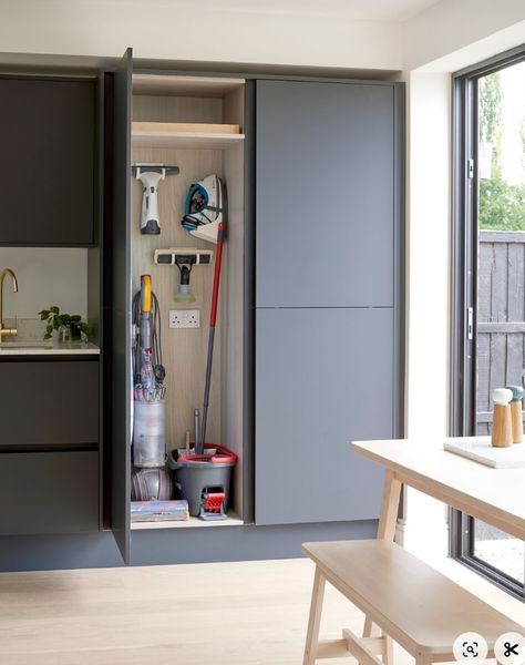 Cleaning Cupboard, Monochrome Kitchen, Utility Room Storage, Howdens Kitchens, Utility Room Designs, Utility Cupboard, Minimalist Monochrome, Laundry Room Renovation, Modern Laundry Rooms