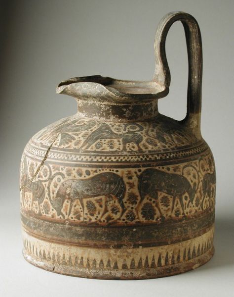 Squat Oinochoe Greece, Corinth, 590-570 B.C. Furnishings; Serviceware Ceramic with added black and red Ancient Greek Pottery, Ancient Greek Art, Greek Pottery, Greek Vases, Ancient Pottery, Prehistoric Art, Greek Art, Arte Popular, Ancient Artifacts