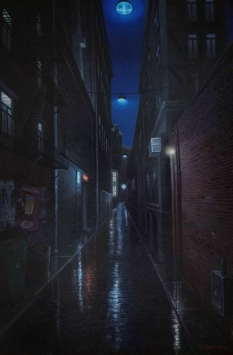 Dark Alleyway Drawing, Alley Painting, Art Oil Color, Oil Color Painting, Dark Alleyway, Painting Oil Color, City Graffiti, Dark Rain, Color Oil Painting