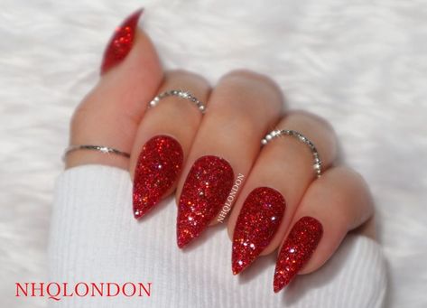 Red Glitter Stiletto Nails, Red Textured Nails, Red Glitter Valentine Nails, Sparkling Nails Glitter, Red Acrylic Nails Stiletto, Sparkle Red Nails, Red Sparkle Nails Acrylic, Red Nails Sparkle, Red Glittery Nails