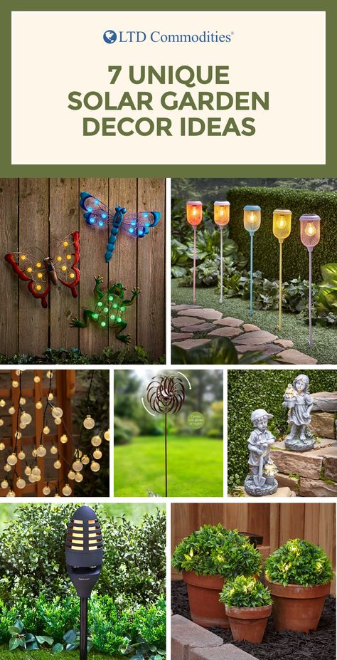 Solar decorations are an easy way to add a magical glow to your yard at nighttime while soaking up energy from the sun during the day. LTD has you covered with our selection of solar decorations. Check out these 7 solar garden decor ideas to light up your space. Garden Light Ideas, Garden Ideas Budget Backyard, Solar Garden Decor, Solar Flower Lights, Yard Art Crafts, Solar Lights Diy, Solar Light Crafts, Solar Flower, Garden Watering