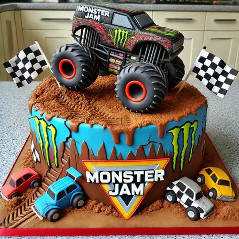 Monster Jam Birthday Cake Images 2 Monster Truck Drip Cake, Monster Truck Birthday Cake Ideas, Hot Wheels Monster Truck Cake, Toro Loco Birthday Party, Monster Jam Cakes For Boys, Monster Truck Cakes For Boys, Cars Pinata, Cake Monster Truck, Monster Jam Birthday Party Ideas