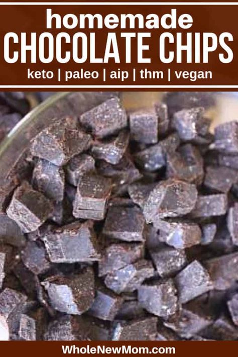 These Homemade Chocolate Chips are special-diet friendly, and so much cheaper than the store-bought versions of dairy-free and low-carb chocolate chips! #paleo #AIP #keto #lowcarb #sugarfree #thm #vegan Carob Chips Recipes, Aip Keto, Aip Desserts, Homemade Chocolate Chips, Carob Chips, Paleo Baking, Sugar Free Chocolate Chips, Aip Diet, Low Carb Chocolate