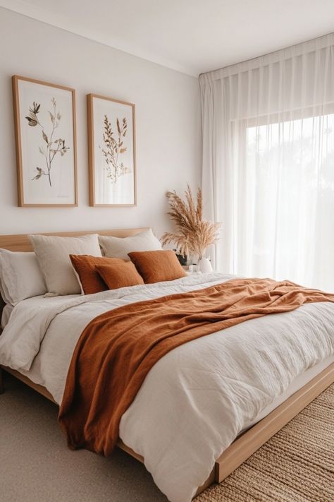 Rust Colored Bedroom, Farmhouse Breakfast Nook, Reclaimed Wood Headboard, Bedroom 2023, Neutral Room, Modern Minimalist Design, Perfect Bedroom, Wood Headboard, Linen Curtains