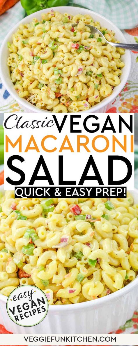 This delicious vegan macaroni salad recipe is everything a classic macaroni salad should be with diced onion, celery, and bell pepper along with shredded carrots and chopped pimento peppers. Only it’s made vegan with vegan-friendly ingredients like vegan mayo and optional black salt. This colorful vegan macaroni salad is the best macaroni salad for the job! It is perfect for picnics, potlucks, and special brunch events. Make it and take it. | @veggiefunkitchen Vegan Macaroni Salad, Pimento Peppers, Classic Macaroni Salad, Vegan Pasta Salad, Beet Salad Recipes, Best Macaroni Salad, Easy Macaroni, Tomato Salad Recipes, Shredded Carrots