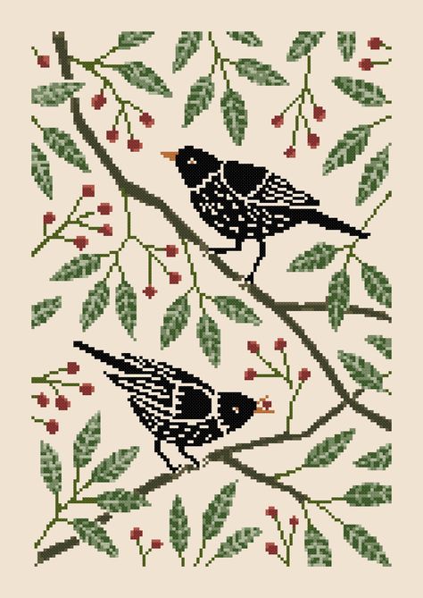 Original cross stitch pattern with two birds on branches. Black Thrush bird between branches.
The PDF file includes the colors summary and the pattern.

Grid Size: 140W x 198H
Design Area: 8,57" x 12,71" (120 x 178 stitches)
Count: 14

Colors:10 Cross Stitch Vintage Pattern, Antique Cross Stitch Patterns, Birds Cross Stitch Patterns, Crochet Pixel Grid, Cross Stitch Birds, Black Cross Stitch, Bird Cross Stitch Pattern, Cross Stitch Vintage, Bird Cross Stitch