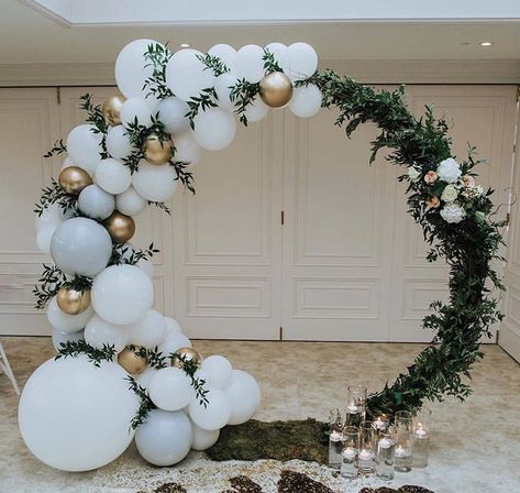 Couples Wedding Shower Balloon Arch, Wedding Balloon Arch Photo Backdrops, Half Balloon Half Flower Arch, Ballon Circle Arch Wedding, Gold Circle Arch With Balloons, White And Gold Round Balloon Arch, Circle Gold Arch Wedding, Balloon Arch Wedding, Communion Decorations