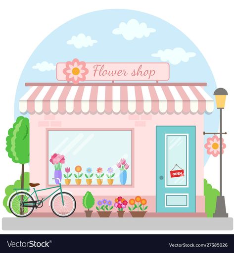 Bicycle Vector, Summer Window Display, Entrance Signage, Era Victoria, Shop Facade, Shop Buildings, House Sketch, Architecture Graphics, Shop Illustration