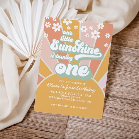 Boho Sun First Birthday, Groovy Birthday Invitation, Sunshine Party Ideas, Sun First Birthday, Two Groovy Birthday, Floral First Birthday, Sunshine Theme, Groovy One, Boho Fonts